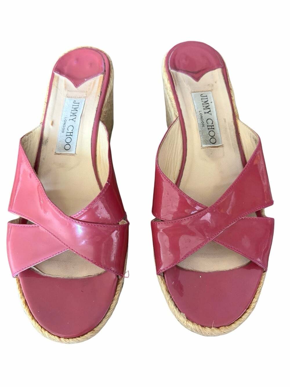 Jimmy Choo Phyllis Wedge Espadrille Rose Pink Patent Leather Sandal size 39 US 9